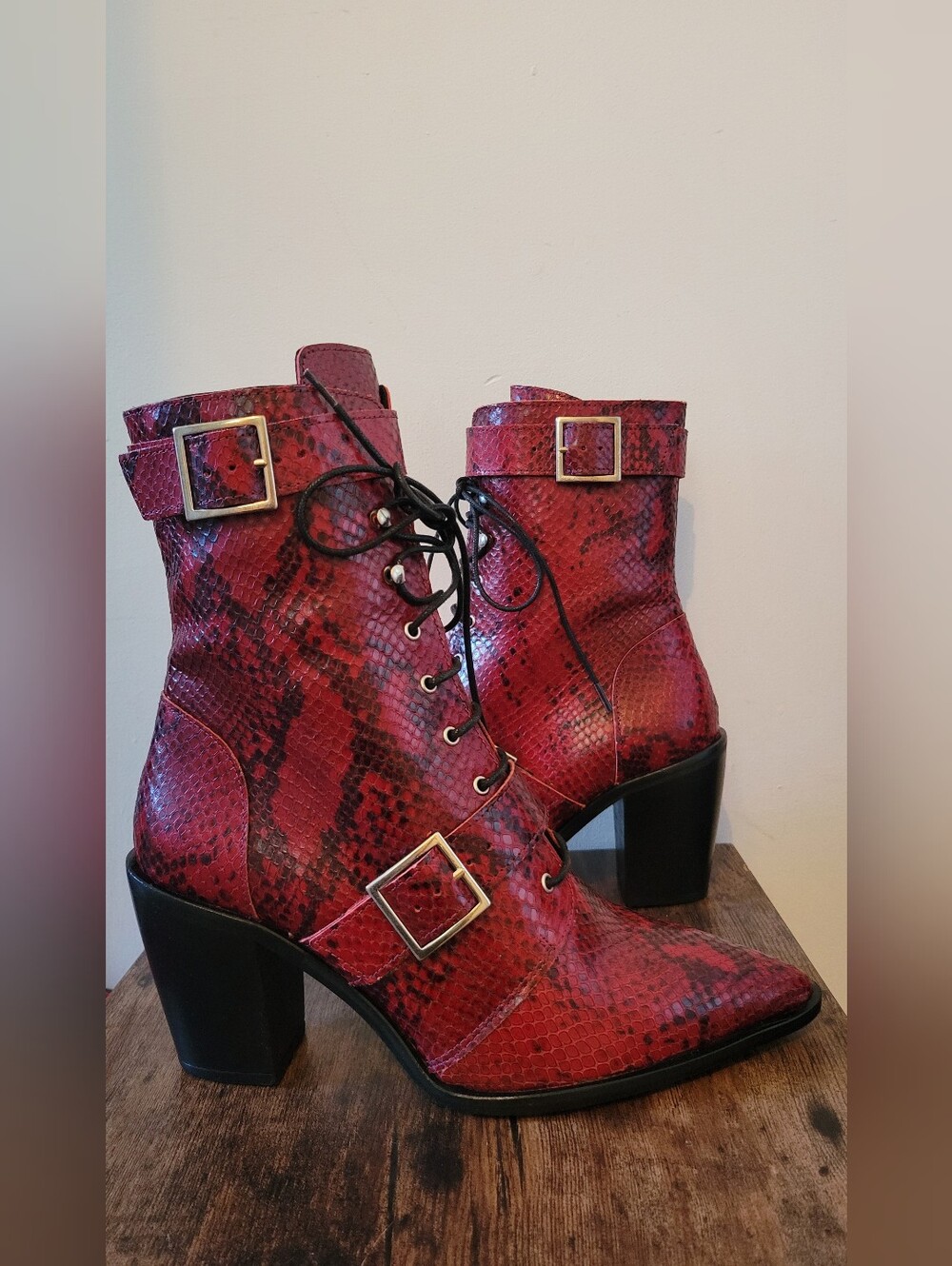 L'Intervalle Red Pitone Snake Print Lace Up Moto Ankle Boots - Size 40